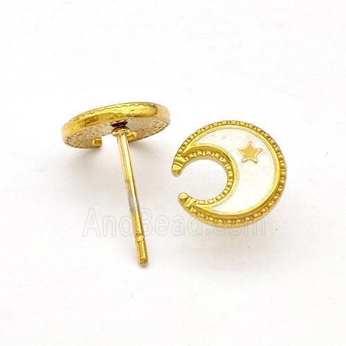 Stainless Steel Moon Star Stud Earring White Enamel Gold Plated