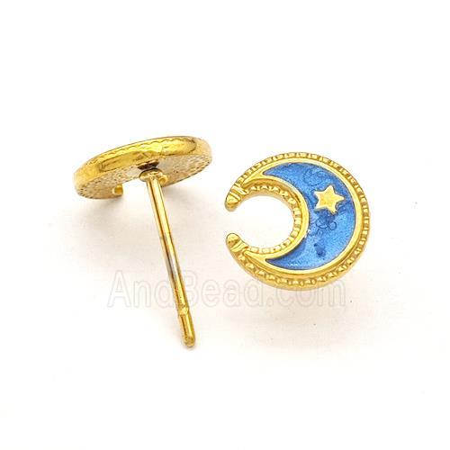 Stainless Steel Moon Star Stud Earring Blue Enamel Gold Plated