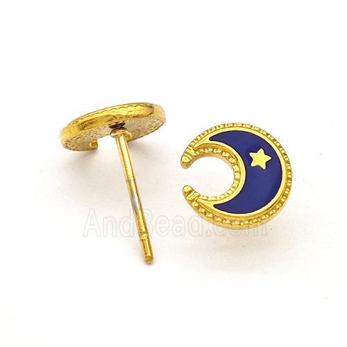 Stainless Steel Moon Star Stud Earring Darkblue Enamel Gold Plated