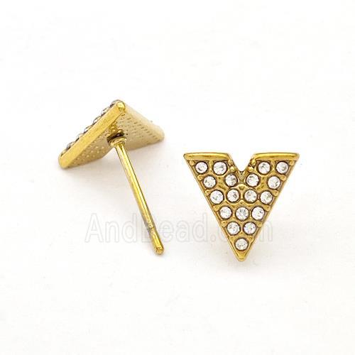 Stainless Steel Stud Earring Pave Rhinestone V-Shape Gold Plated