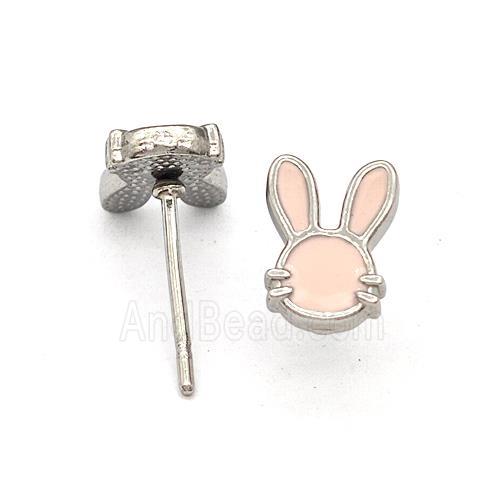 Raw Stainless Steel Rabbit Stud Earring Pink Enamel