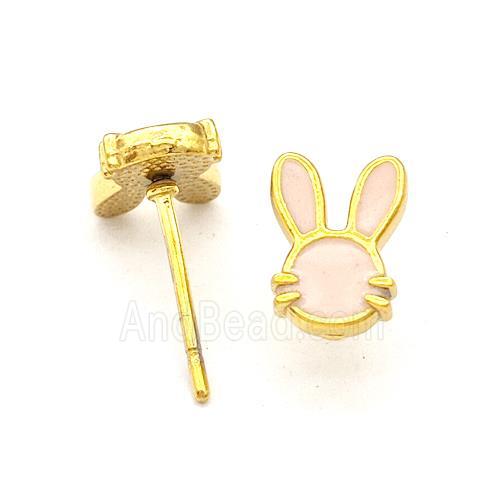 Stainless Steel Rabbit Stud Earring Pink Enamel Gold Plated