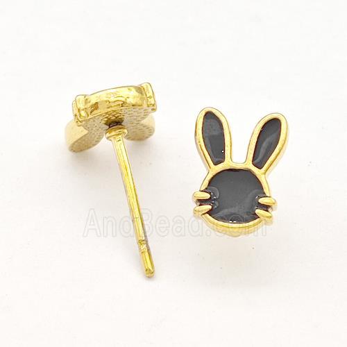 Stainless Steel Rabbit Stud Earring Black Enamel Gold Plated