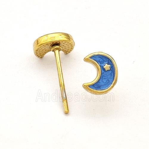 Stainless Steel Moon Stud Earring Blue Enamel Gold Plated