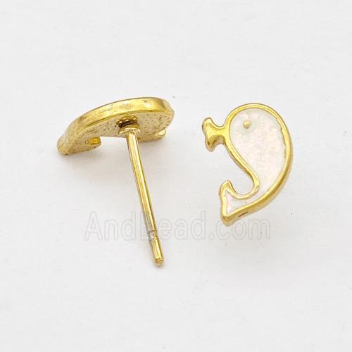 Stainless Steel Dolphin Stud Earring White Enamel Gold Plated