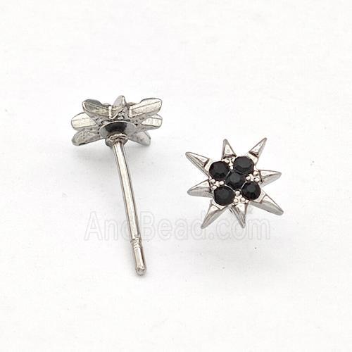 Raw Stainless Steel NorthStar Stud Earring Pave Black Rhinestone