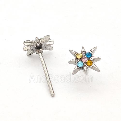 Raw Stainless Steel NorthStar Stud Earring Pave Multicolor Rhinestone
