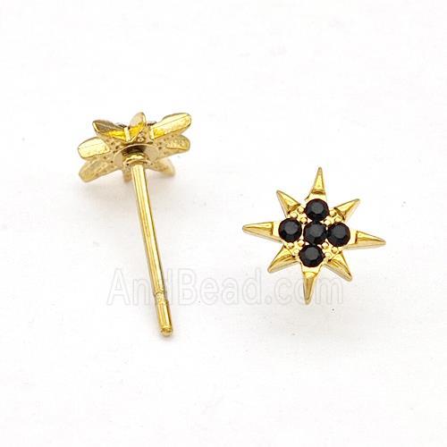 Stainless Steel NorthStar Stud Earring Pave Black Rhinestone Gold Plated