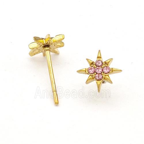 Stainless Steel NorthStar Stud Earring Pave Pink Rhinestone Gold Plated