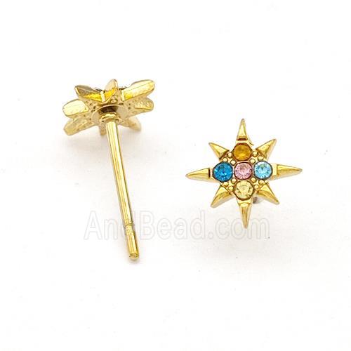 Stainless Steel NorthStar Stud Earring Pave Multicolor Rhinestone Gold Plated
