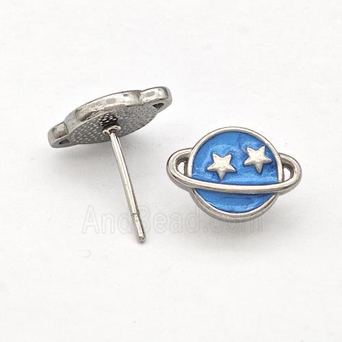 Raw Stainless Steel Planet Stud Earring Blue Enamel