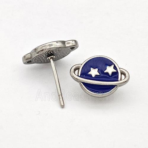 Raw Stainless Steel Planet Stud Earring DarkBlue Enamel