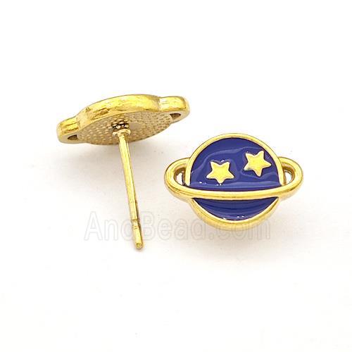 Stainless Steel Planet Stud Earring Darkblue Enamel Gold Plated