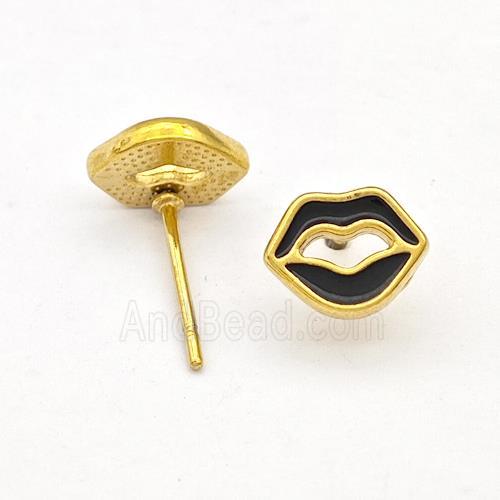 Stainless Steel Lip Stud Earring Black Enamel Gold Plated