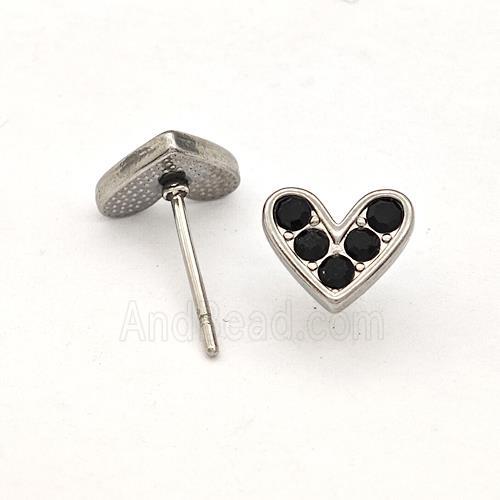 Raw Stainless Steel Hear Stud Earrings Pave Black Rhinestone