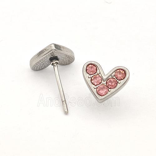 Raw Stainless Steel Hear Stud Earrings Pave Pink Rhinestone