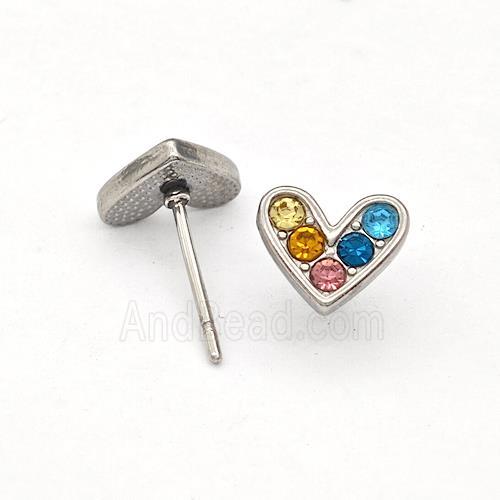 Raw Stainless Steel Hear Stud Earrings Pave Multicolor Rhinestone