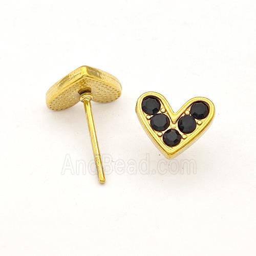Stainless Steel Hear Stud Earrings Pave Black Rhinestone Gold Plated