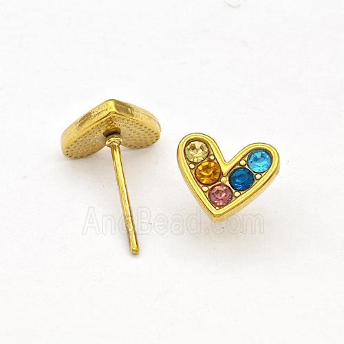 Stainless Steel Hear Stud Earrings Pave Multicolor Rhinestone Gold Plated