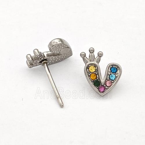 Raw Stainless Steel Heart Stud Earrings Pave Multicolor Rhinestone Crown