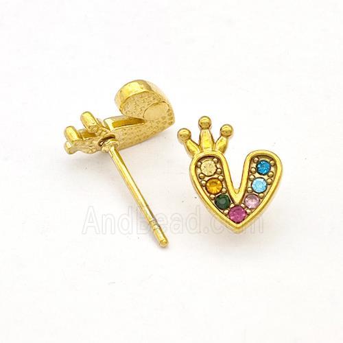 Stainless Steel Heart Stud Earrings Pave Rhinestone Crown Gold Plated
