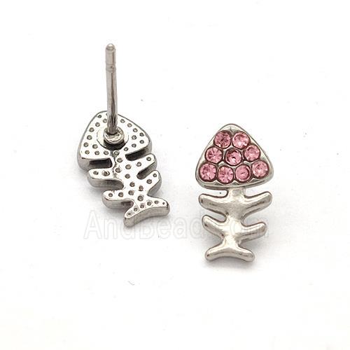 Raw Stainless Steel Fishbone Stud Earrings Pave Pink Rhinestone