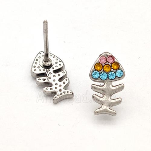 Raw Stainless Steel Fishbone Stud Earrings Pave Multicolor Rhinestone