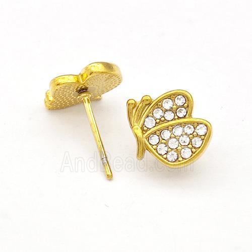 Stainless Steel Butterfly Stud Earrings Pave Rhinestone Gold Plated