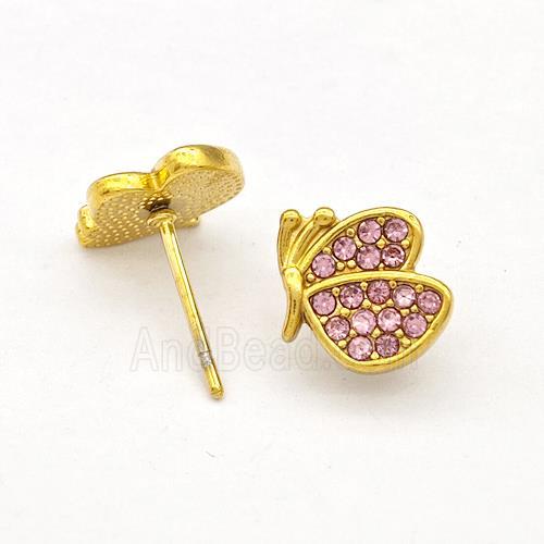 Stainless Steel Butterfly Stud Earrings Micro Pave Pink Rhinestone Gold Plated