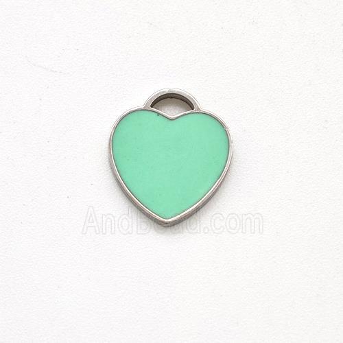 Raw Stainless Steel Heart Pendant Green Enamel