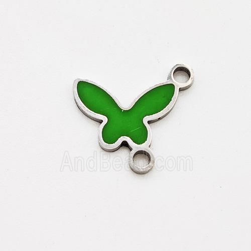 Raw Stainless Steel Butterfly Pendant Green Enamel