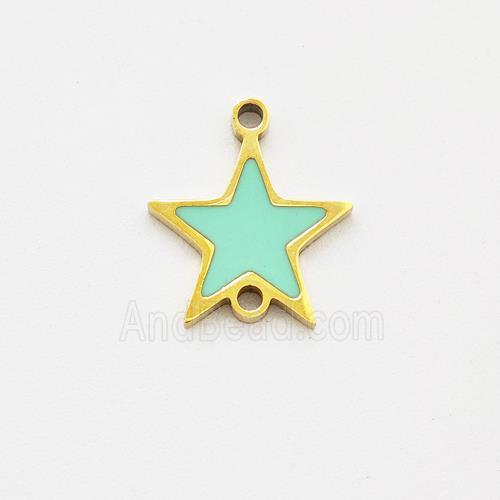 Stainless Steel Star Connector Green Enamel Gold Plated