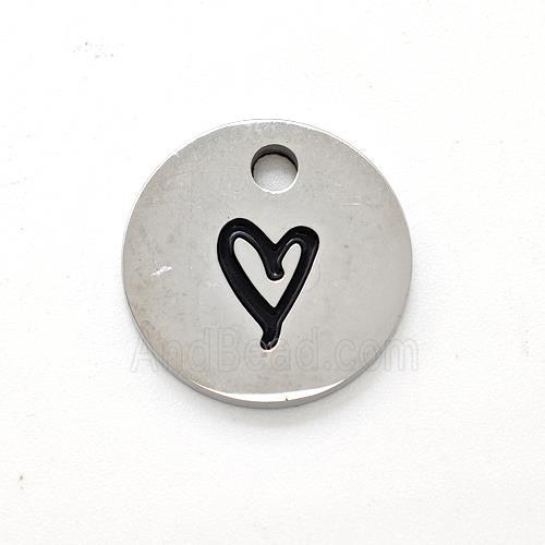 Raw Stainless Steel Circle Pendant Black Enamel Heart