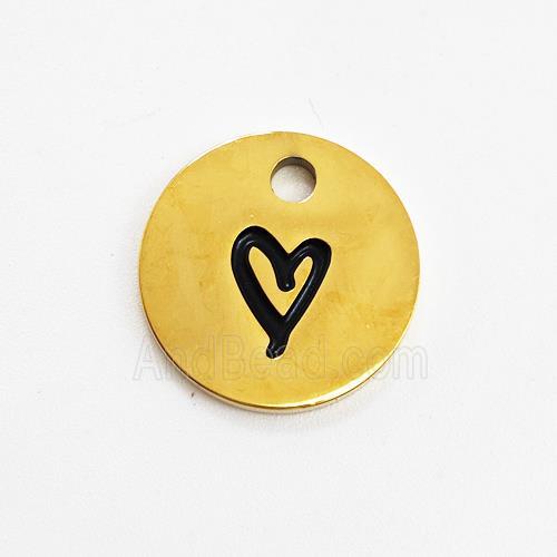 Stainless Steel Circle Pendant Black Enamel Heart Gold Plated