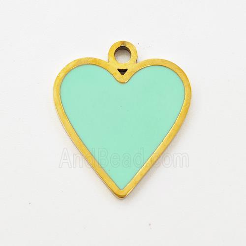 Stainless Steel Heart Pendant Apple Green Enamel Gold Plated