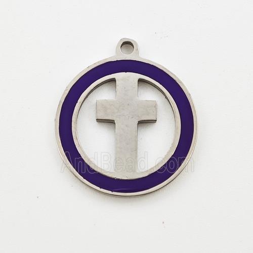 Raw Stainless Steel Cross Pendant Circle Purple Enamel