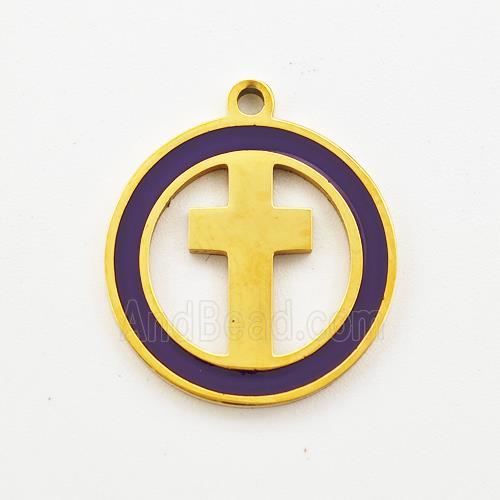 Stainless Steel Cross Pendant Circle Purple Enamel Gold Plated