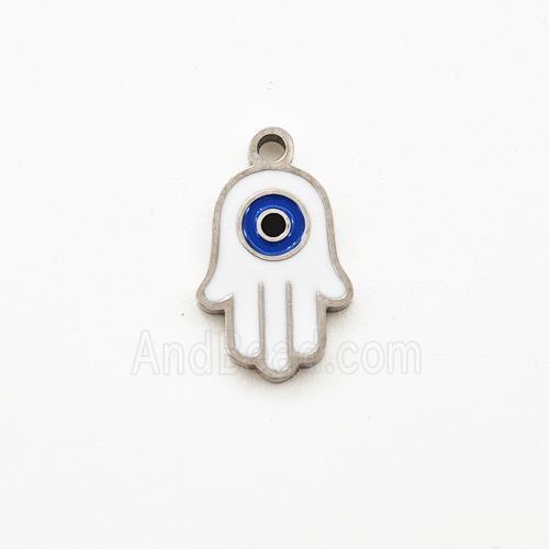 Raw Stainless Steel Hand Pendant White Enamel Evil Eye
