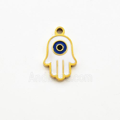 Stainless Steel Hand Pendant White Enamel Evil Eye Gold Plated