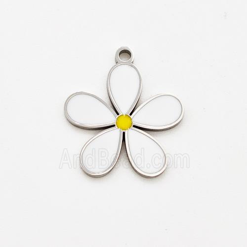 Raw Stainless Steel Flower Pendant White Enamel
