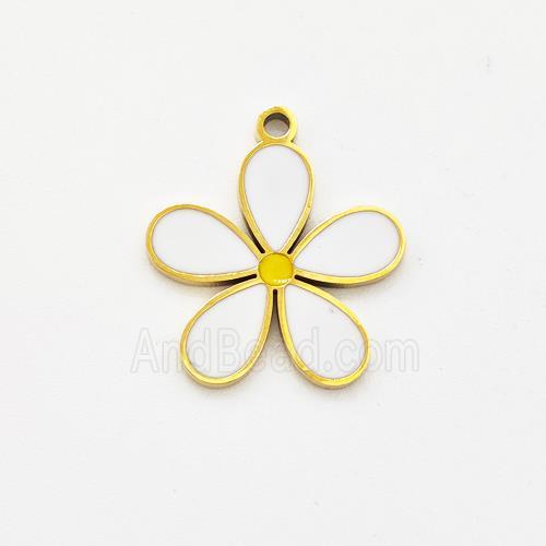 Stainless Steel Flower Pendant White Enamel Gold Plated