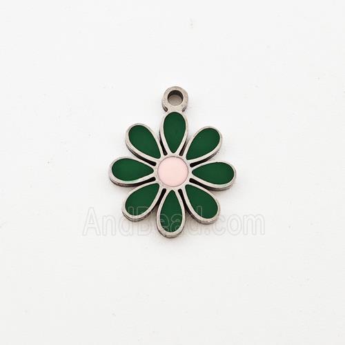 Raw Stainless Steel Flower Pendant Green Enamel
