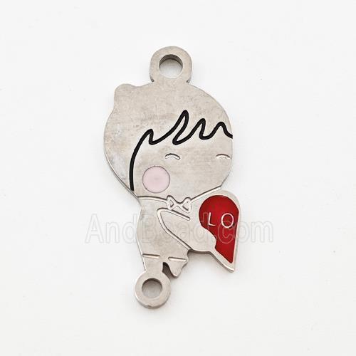 Raw Stainless Steel Kids Boy Connector Split Heart Red Enamel
