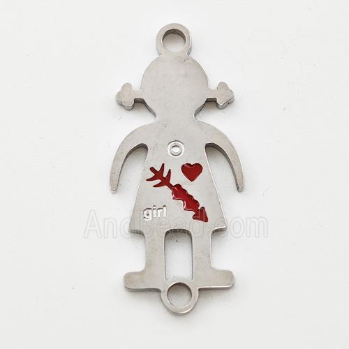 Raw Stainless Steel Kids Girls Connector Split Heart Red Enamel