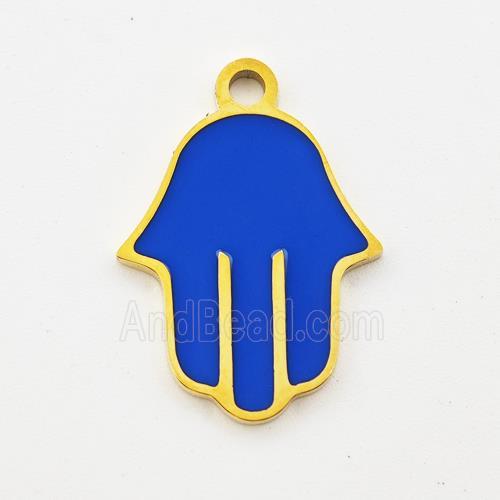 Stainless Steel Hand Pendant Blue Enamel Gold Plated