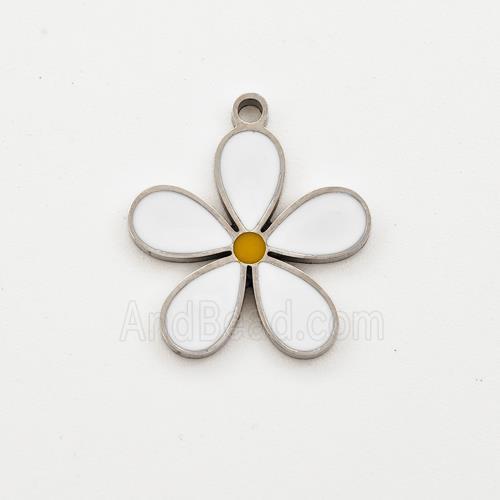 Raw Stainless Steel Flower Pendant White Enamel