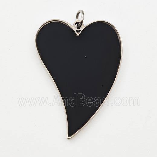 Raw Stainless Steel Heart Pendant Black Enamel
