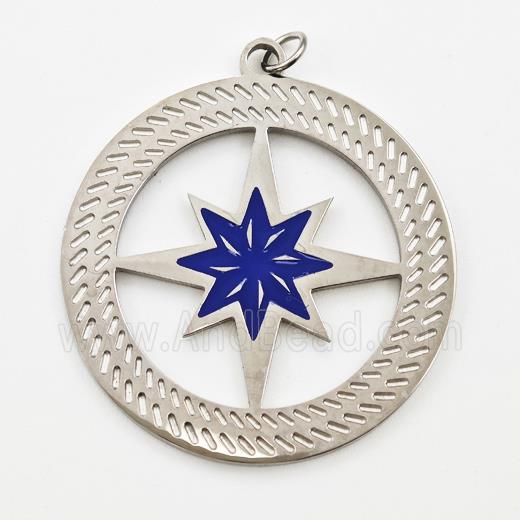 Raw Stainless Steel Compass Pendant Blue Enamel