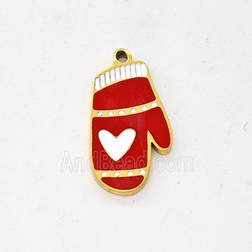 Christmas Mitten Charms Stainless Steel Pendant Red Enamel Gold Plated