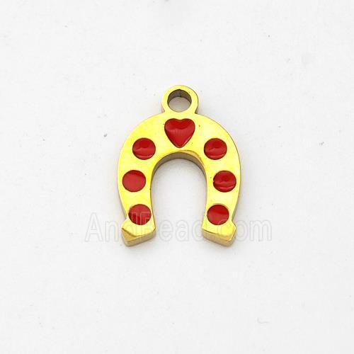 Stainless Steel Horse-Shoe Pendant Red Enamel Gold Plated